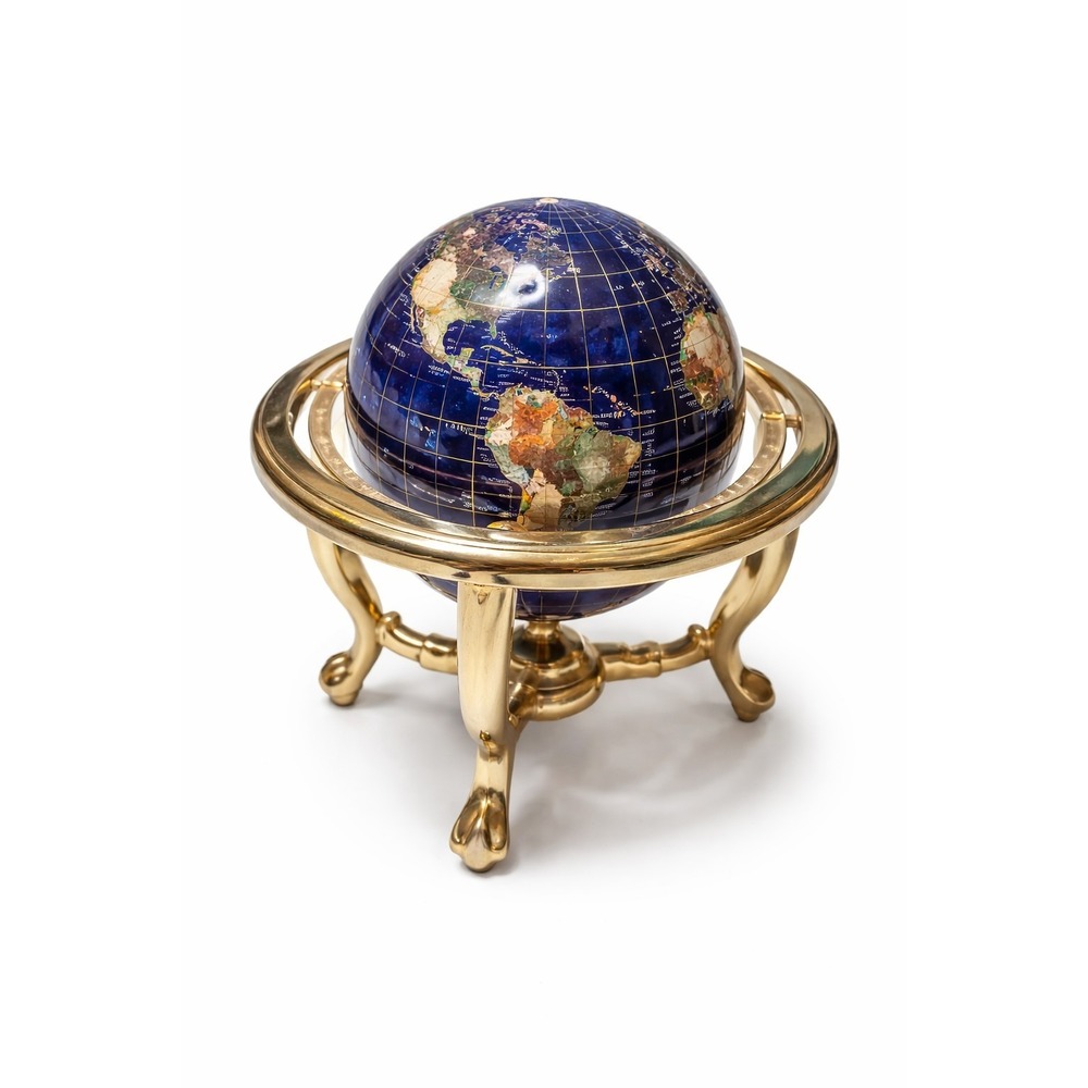 10" Blue Lapis Gemstone World Globe Gold Stand Semi Precious Inlay Desk Decor